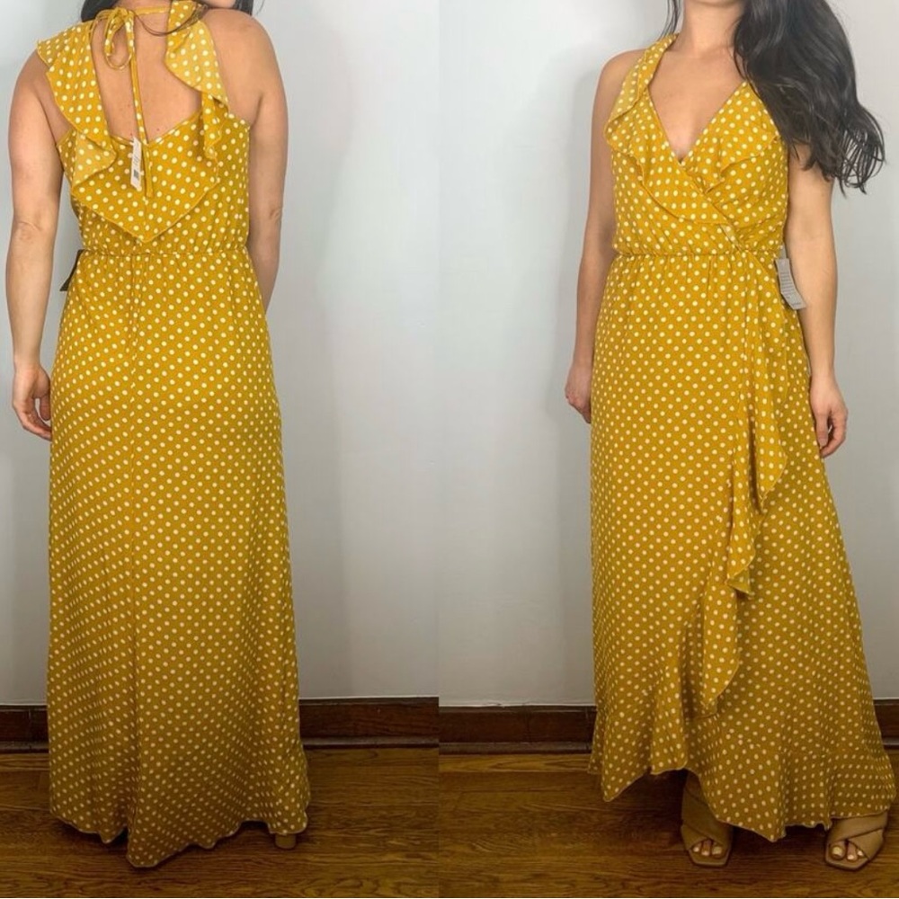 Chic Mustard Polka Dot Halter Maxi Dress